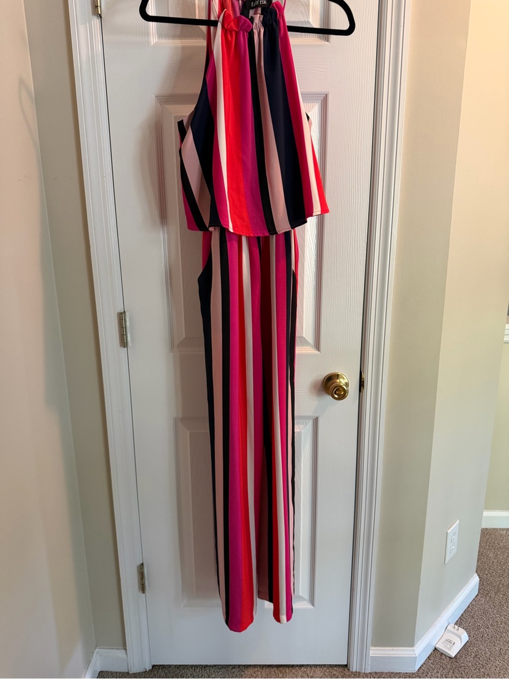 fab'rik Striped Halter Jumpsuit in Pink, Navy & Cream
